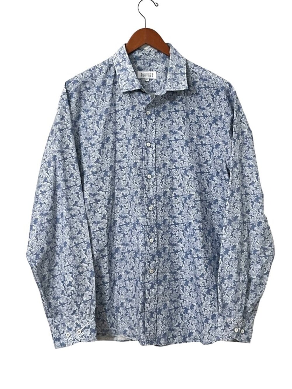 Barneys New York Mens XL Floral Shirt Blue White Cotton Button Front Spain